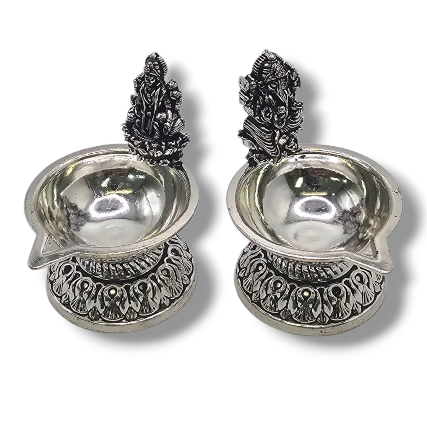 Lakshmi-Ganesha Heritage Silver Diya Set