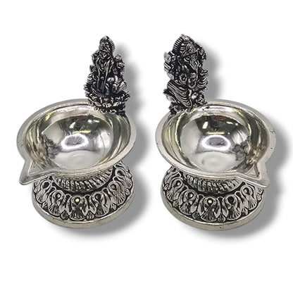 Lakshmi-Ganesha Heritage Silver Diya Set