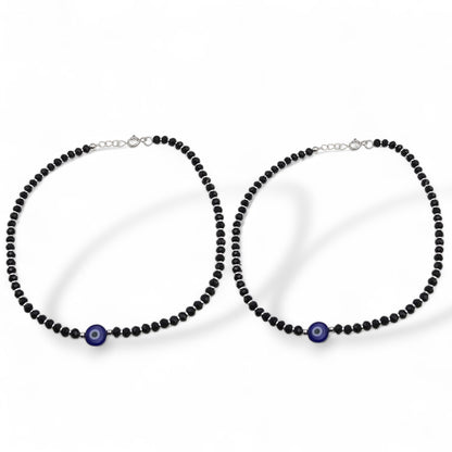 Nazar Black Bead With Evil Eye Silver Women's Anklets