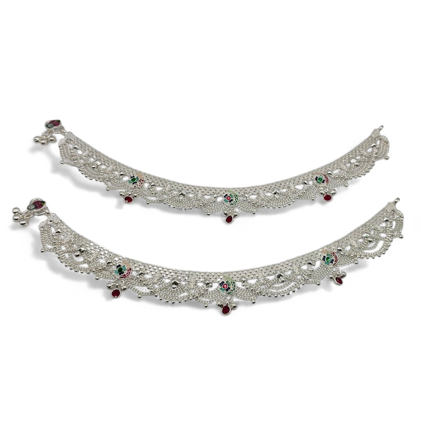 Sparkling Zari Filigree Silver Anklets