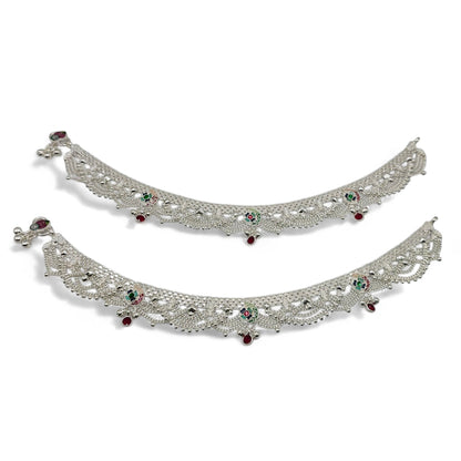 Sparkling Zari Filigree Silver Anklets