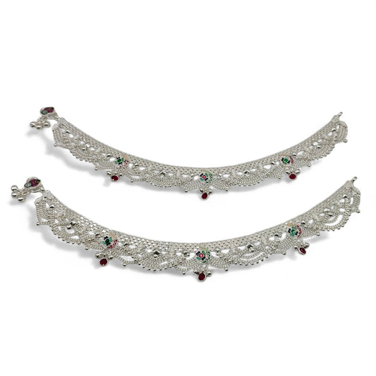 Sparkling Zari Filigree Silver Anklets