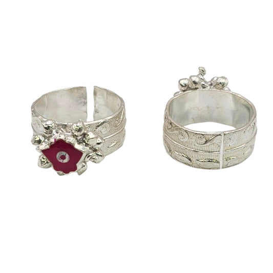 Floral Ruby Bloom Silver Adjustable Toe Rings