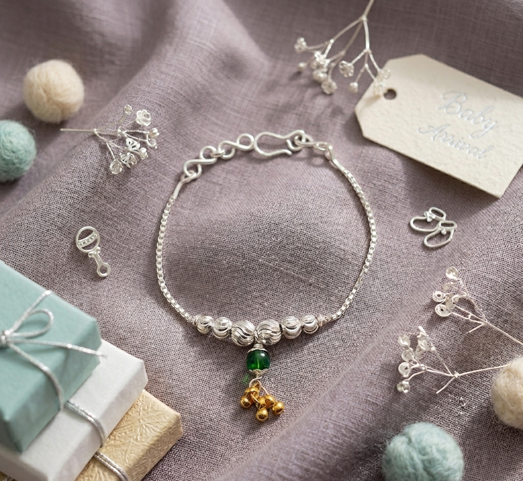 Silver Baby Shower Rakhi with Green Crystal