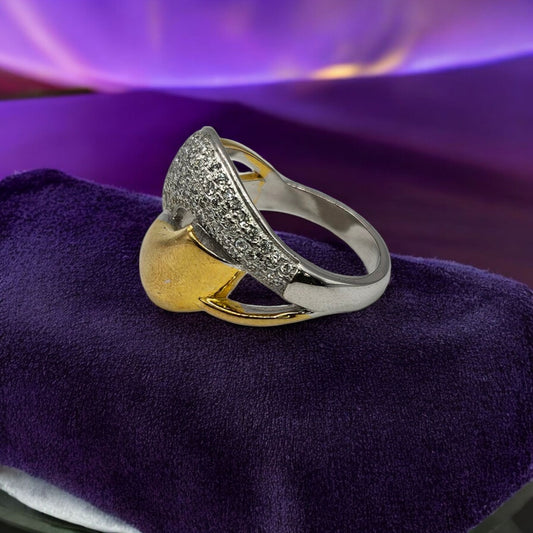 Two-Tone Pure Silver Ring with Gold Accent & Sparkling Stones