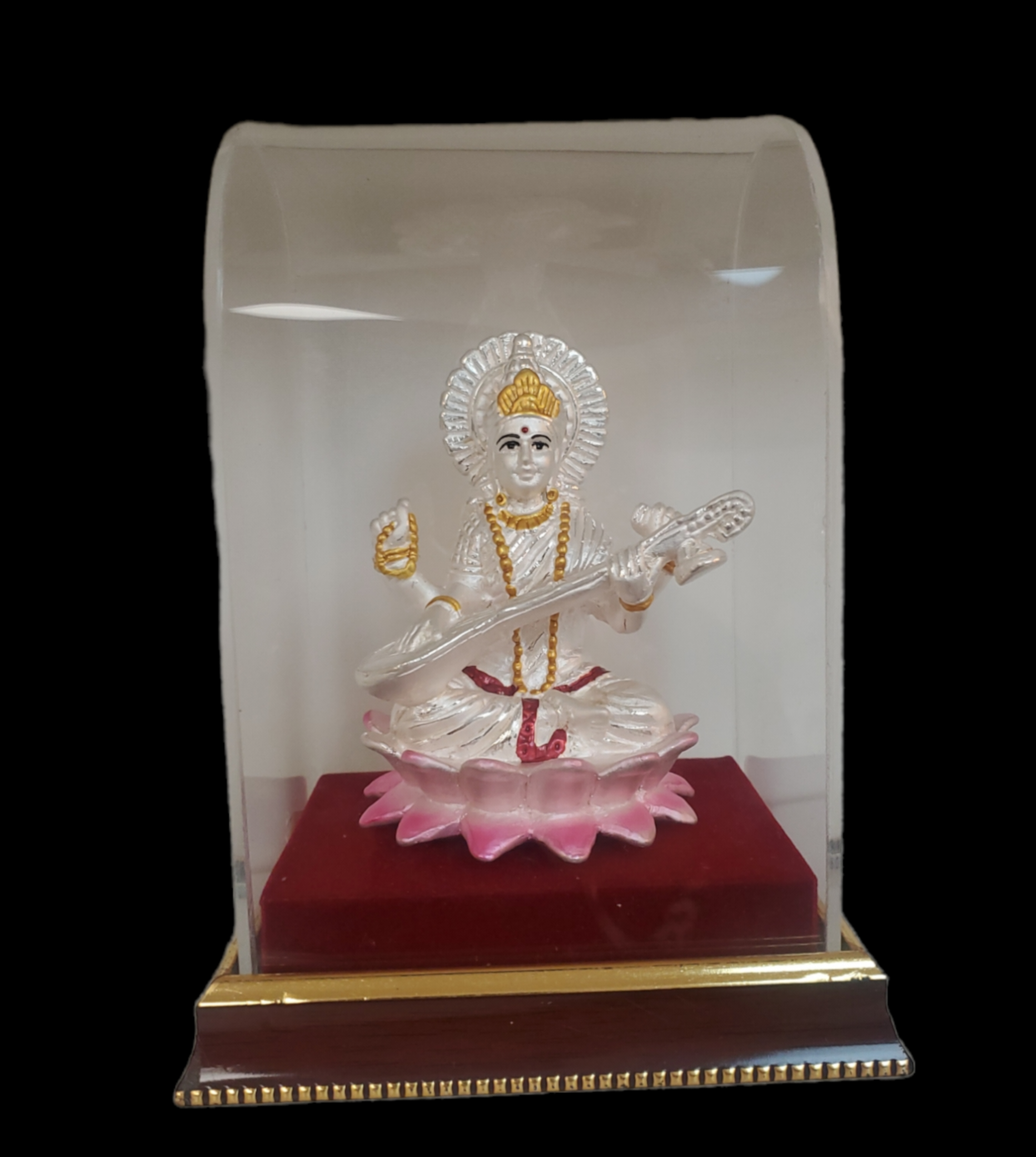 Silver Saraswati On Lotus in Acrylic Display - Colored Idol