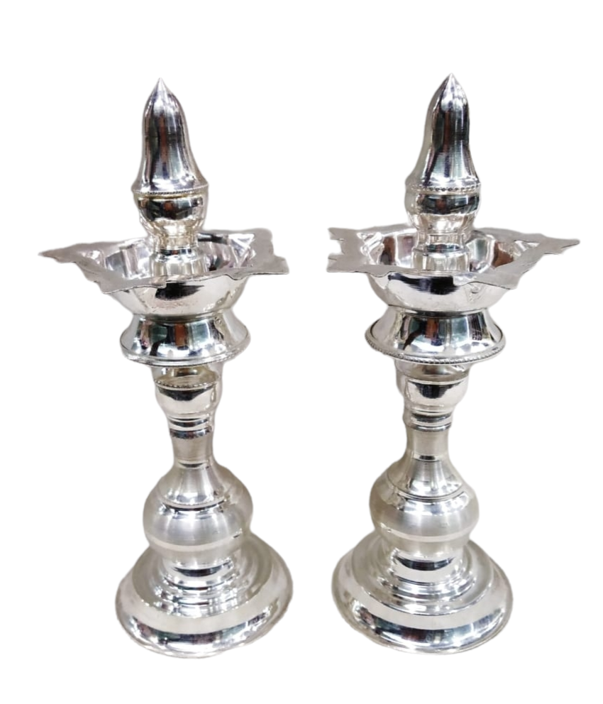 Silver Tall Standing Lamp / Diya With Round Design Pair