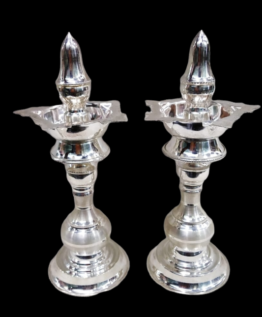 Silver Tall Standing Lamp / Diya With Round Design Pair